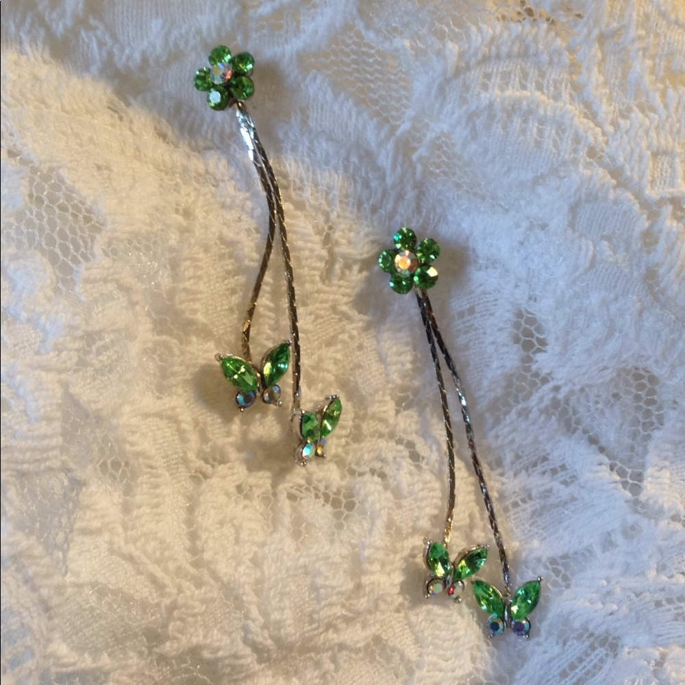 Crystal flower & butterfly long dangle earrings